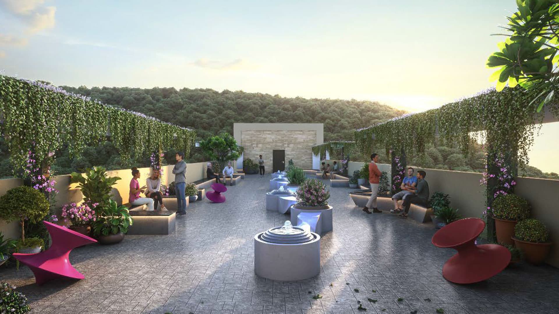 Landscaped walkway with fountains and seating clusters