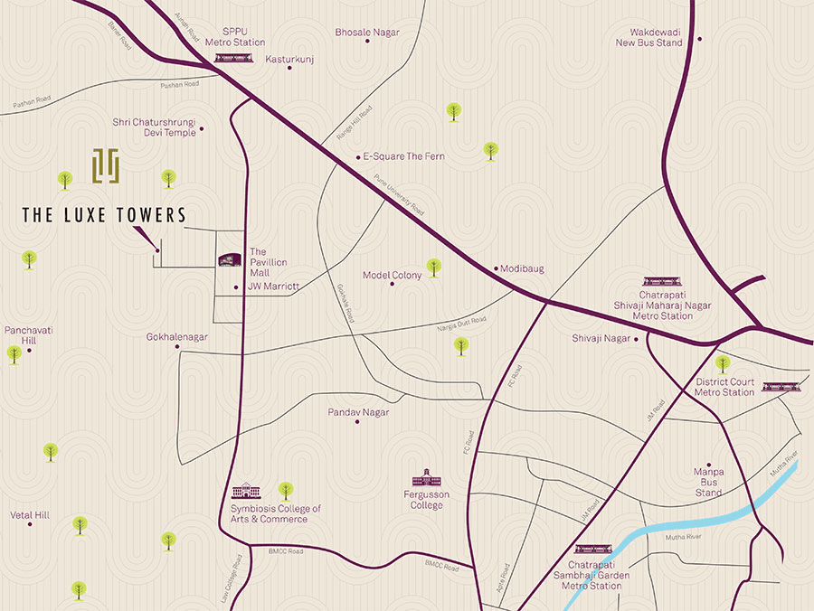 Illustrated map showing The Luxe Towers behind JW Marriott on S. B. Road, Pune, with nearby landmarks and metro stations
